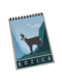 Mały, poręczny notes, łączony u góry spiralą. Nowoczesna grafika, stojąca na szczycie kozica górska. W tle zielono, niebieskie szczyty. Na dole napis kozica.