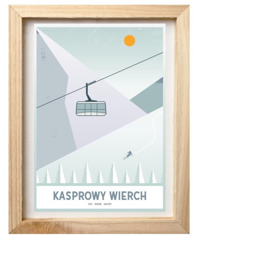 Plakat Kasprowy Wierch. Nowoczesna, minimalistyczna grafika w zimnych barwach. W drewnianej ramie.