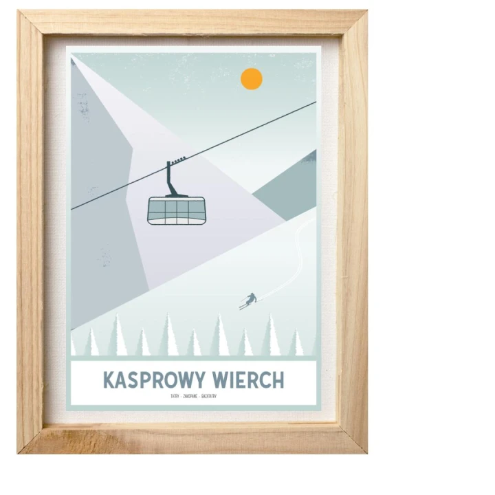 Plakat Kasprowy Wierch. Nowoczesna, minimalistyczna grafika w zimnych barwach. W drewnianej ramie.