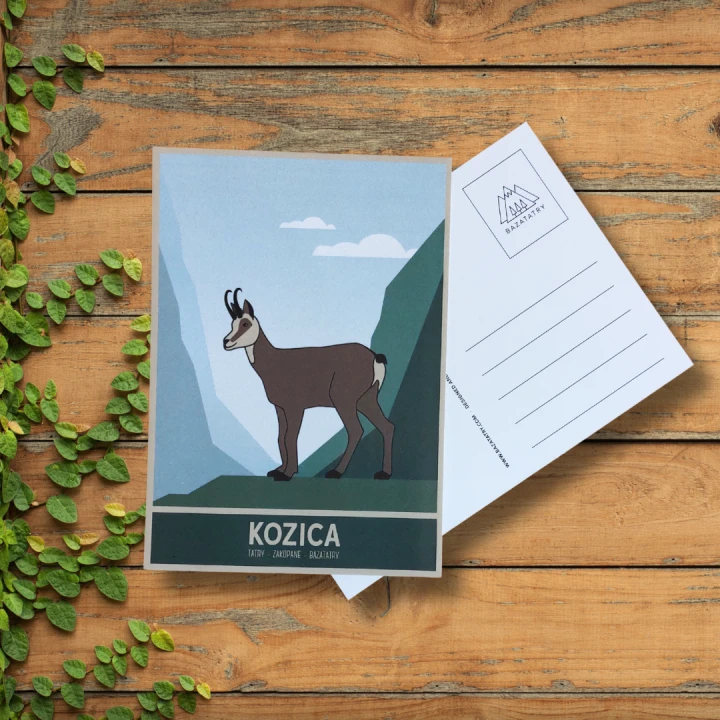 Kartka pocztowa, nowoczesna grafika kozicy górskiej, stojącej na tle zielonych szczytów.  W oddali błękit nieba.  Na dole napis: kozica.