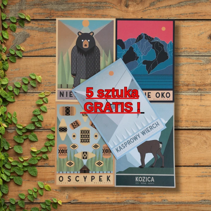 Pięć kartek pocztowych z kolorowymi, nowoczesnymi grafikami o tematyce Tatr. I czerwony napis:  piąta sztuka gratis.