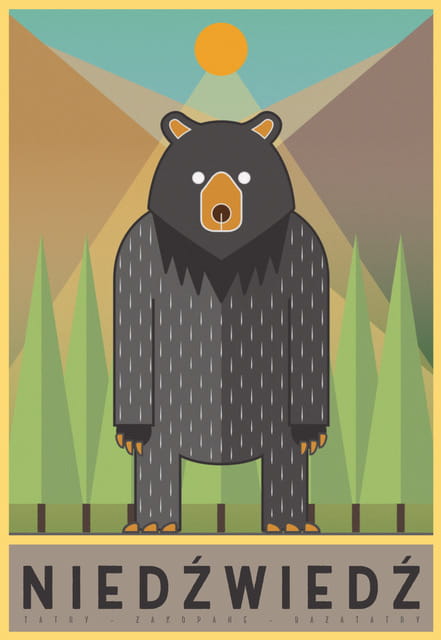 Prostokątna naklejka, nowoczesna grafika stojącego niedźwiedzia na tle szczytów i lasów. ZImne barwy i proste linie. Na dole napis niedźwiedź.